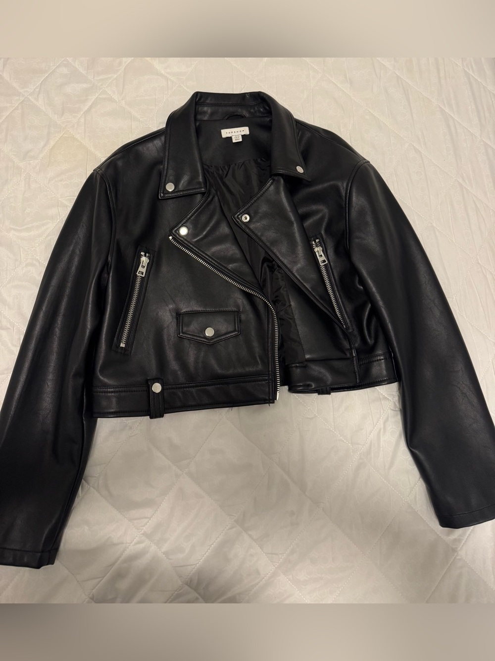Topshop Faux Leather Cropped Biker Jacket Black
